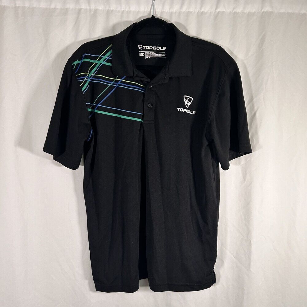 Top Golf Polo Shirt Men's Medium Black Graphic Print Short Sleeve 1/4 Button